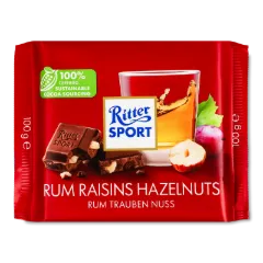 Шоколад Ritter Sport молочний з ямайським ромом, родзинками та горіхами
