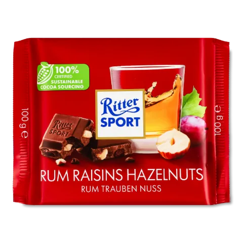 Шоколад Ritter Sport молочний з ямайським ромом, родзинками та горіхами