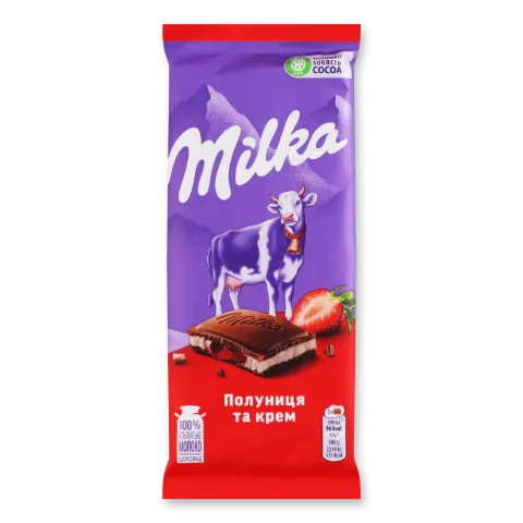 Шоколад Milka з кремовою та полуничною начинками