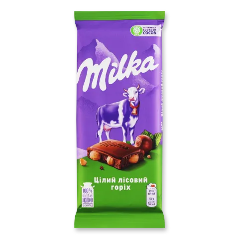 Шоколад молочный Milka с целым лесным орехом